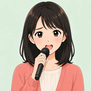 マイクを持ってカラオケで歌う初心者の女性