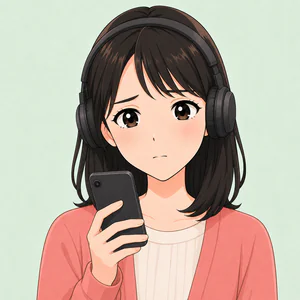 ヘッドホンで録音した歌を聴きながら悩むカラオケ初心者の女性