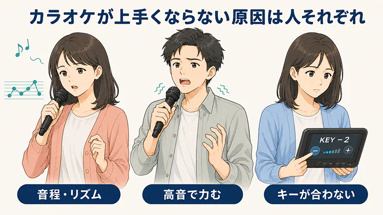 音程が安定しない人、高音で力む人、自分に合わないキーで歌う人を並べ、カラオケが上手くならない原因が人によって異なることを表したイラスト