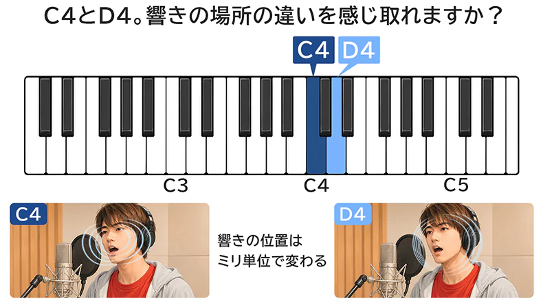 C4とD4を歌い比べ、響きの位置の違いを感じ取ろうとしている男性ボーカルとピアノ鍵盤の図解
