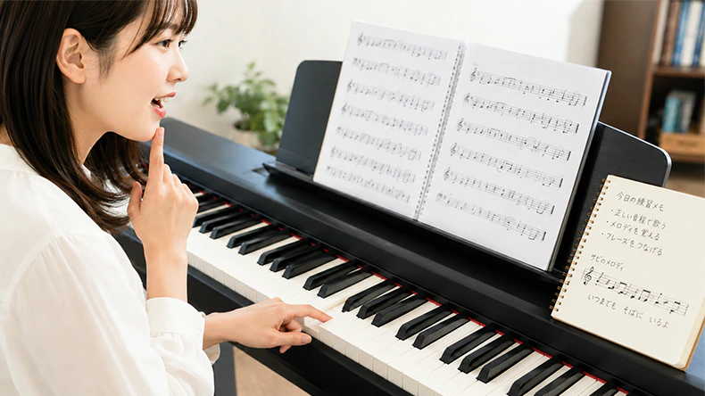 鍵盤で音程を確認しながら歌の練習をする女性
